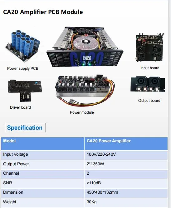 Basic Customization Ca20 2channel 1350W Professional Audio Power Amplifier and Ca20 Amplifier PCB Moudle Parts for Sound Speaker System